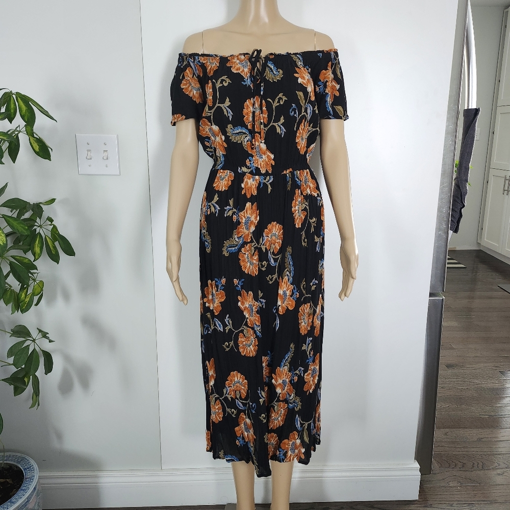PATRONS OF PEACE Multicolor Stretch Floral Off-Shoulder Midi Dress Size Medium